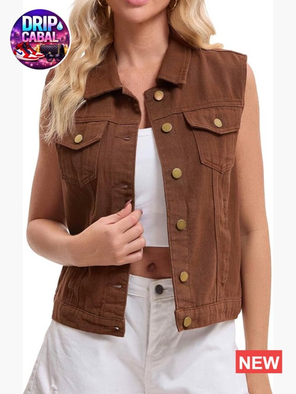 Sleeveless Denim Vest with Button Closure and Chest Flap Pockets